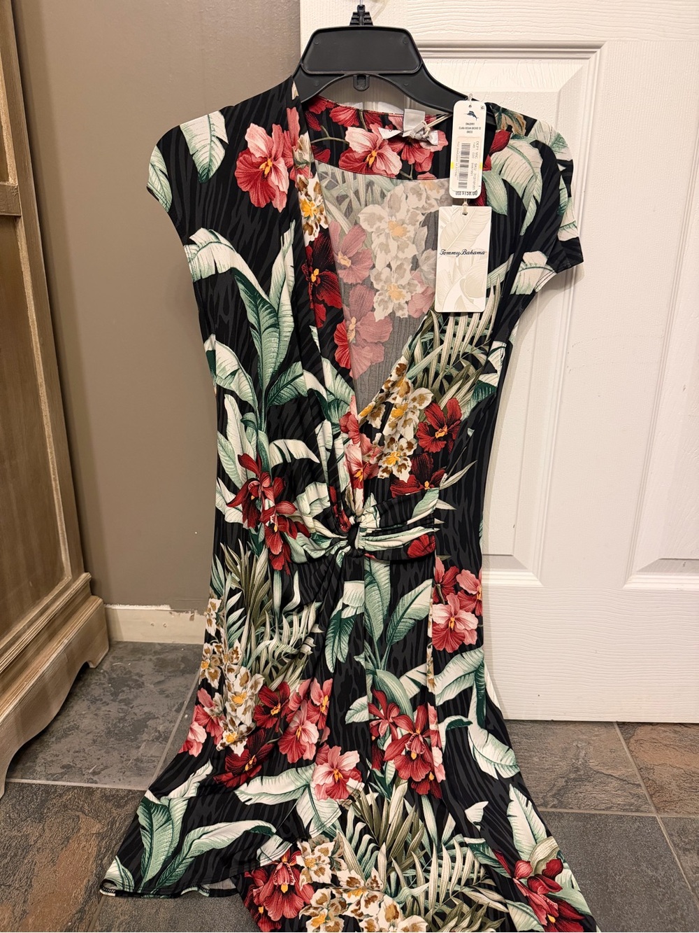 Tommy Bahama Black Floral Wrap Dress with Red & Green Print